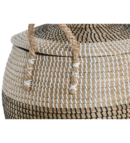 Home ESPRIT wicker basket and lid set for home organization, white and black with natural accents, two-piece storage solution.