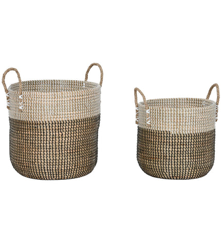 Home ESPRIT wicker basket and lid set for home organization, featuring natural, black, and white storage solutions.