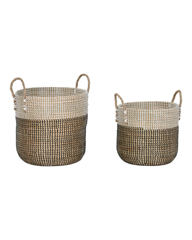 Home ESPRIT wicker basket and lid set for home organization, featuring natural, black, and white storage solutions.