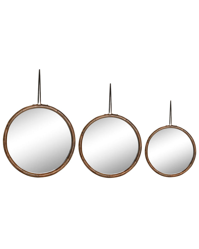 Home ESPRIT tropical three-piece wall mirror set, natural wood frame, decorative house decor for modern interior design.