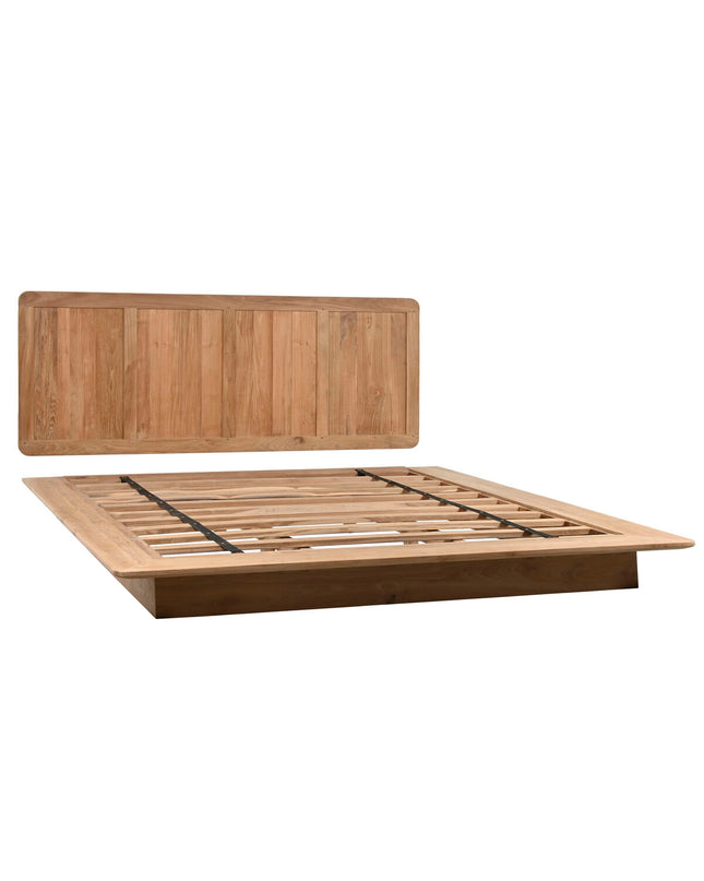 Home ESPRIT bed in 180x200 cm with a wooden frame and headboard, shown in a modern bedroom setting.