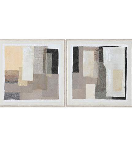 Two abstract Home ESPRIT wall art panels in black, beige, and jute with cityscape design, measuring 82x3.8x82 cm.