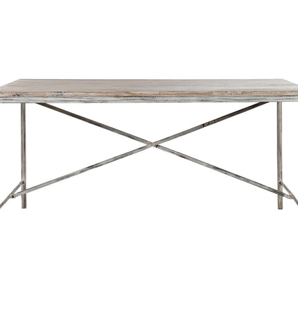 Home ESPRIT dining table with white iron legs and mango wood top, measuring 160x90x80 cm, in a modern kitchen setting.