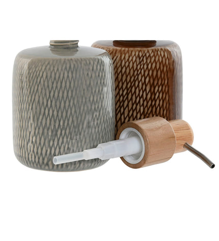 Home ESPRIT soap dispensers in brown and gray polyethyleen and keramiek, 8.5x8.5x16 cm, for bathroom decor.