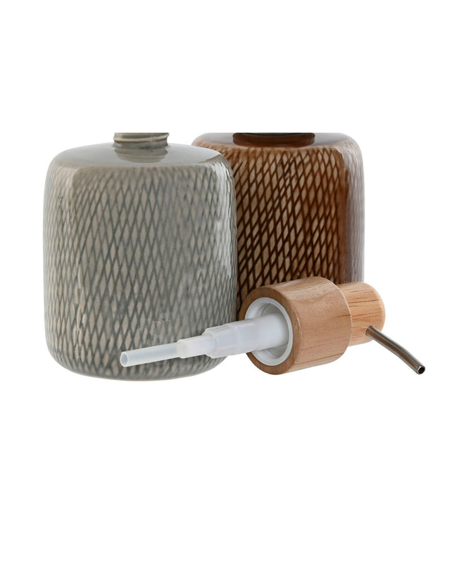 Home ESPRIT soap dispensers in brown and gray polyethyleen and keramiek, 8.5x8.5x16 cm, for bathroom decor.