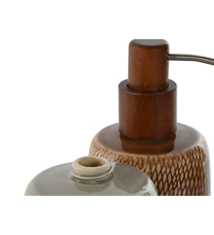 Home ESPRIT soap dispenser set in brown and gray ceramic and polyethylene for bathroom, 8.5x8.5x16 cm, two pieces