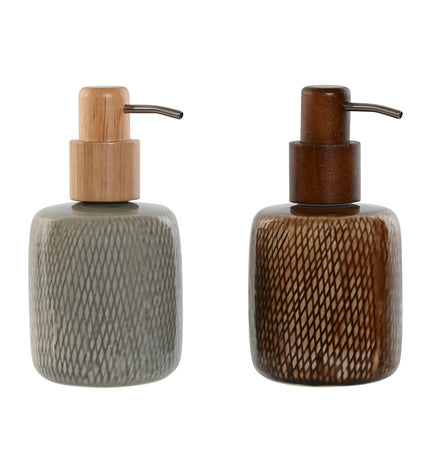 Home ESPRIT soap dispenser set in brown and gray polypropylene and ceramic, 8.5x8.5x16 cm, for bathroom use.