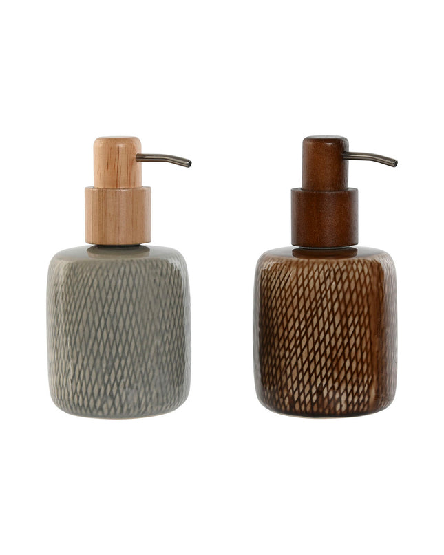 Home ESPRIT soap dispenser set in brown and gray polypropylene and ceramic, 8.5x8.5x16 cm, for bathroom use.