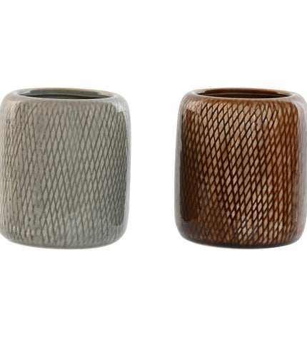 Two Home ESPRIT ceramic bathroom containers in brown and gray, 8.5x8.5x10 cm, for home and kitchen use.