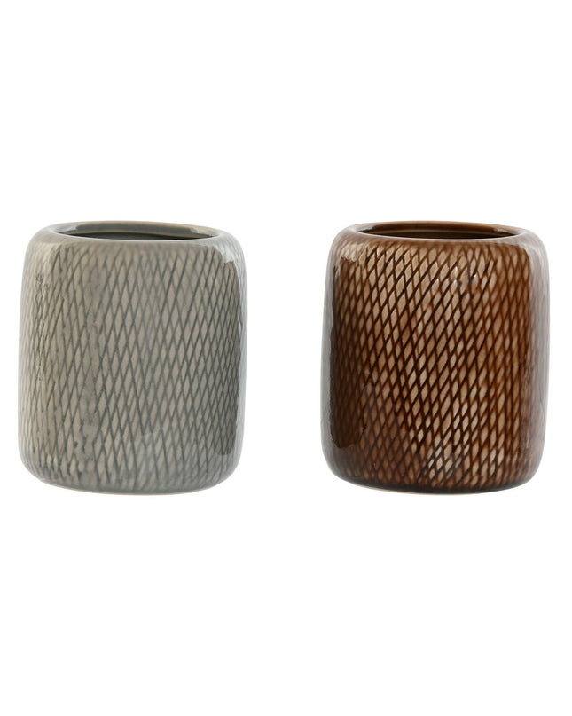 Two Home ESPRIT ceramic bathroom containers in brown and gray, 8.5x8.5x10 cm, for home and kitchen use.