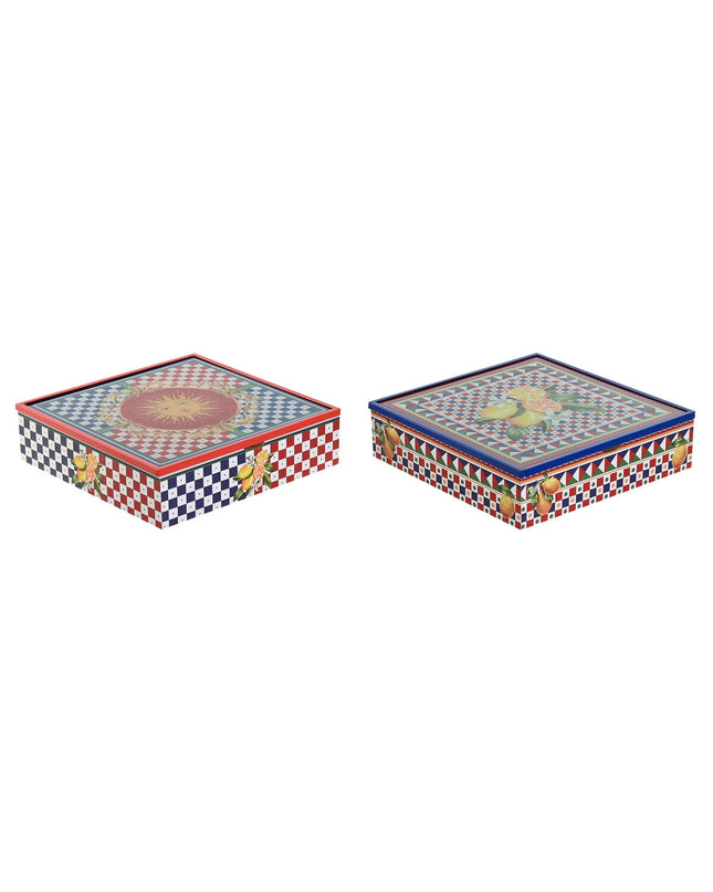 Two colorful Home ESPRIT infusion boxes with metal, crystal accents, and wooden lids, measuring 24x24x6.5 cm.