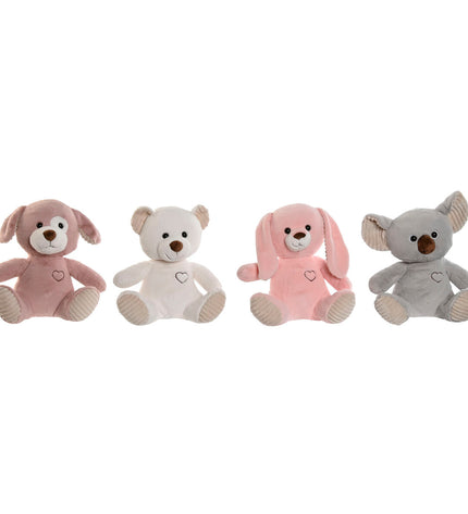 Set of four Home ESPRIT plush toy animals in white, brown, gray, and pink, soft polyester stuffed animals measuring 25x20x28 cm.