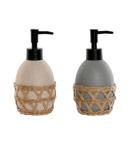 Two gray and cream dolomite soap dispensers from Home ESPRIT for home, bathroom, and kitchen use, shown with textured surface.
