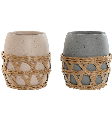Home ESPRIT grey and cream toothbrush holder set with two ceramic containers, ideal for bathroom organization, 9x9x10.5 cm