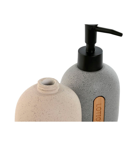 Home ESPRIT soap dispensers in black, gray, and cream made of ABS and dolomite, suitable for bathroom and kitchen use.