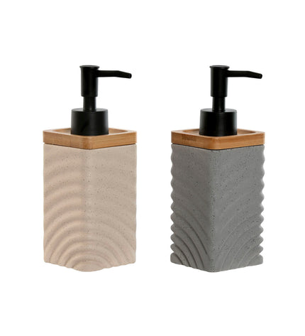 Two Home ESPRIT soap dispensers in black, gray, cream, and bamboo design, 320 ml capacity, suitable for bathroom and kitchen.