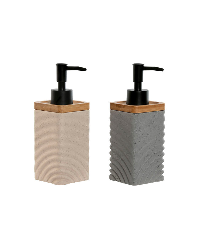 Two Home ESPRIT soap dispensers in black, gray, cream, and bamboo design, 320 ml capacity, suitable for bathroom and kitchen.