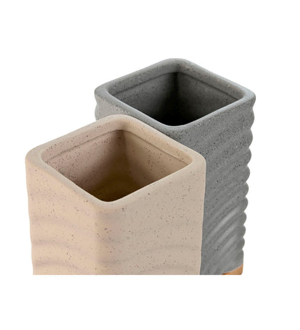 Pair of gray and cream bamboo toothbrush holders from Home ESPRIT, 7x7x12 cm, designed for bathroom organization.