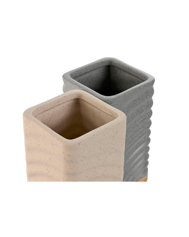 Pair of gray and cream bamboo toothbrush holders from Home ESPRIT, 7x7x12 cm, designed for bathroom organization.
