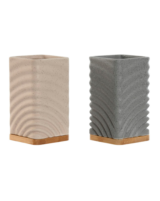 Home ESPRIT bamboo toothbrush holders in gray and crème, bathroom accessories, 7x7x12 cm, set of two, made with dolomite.