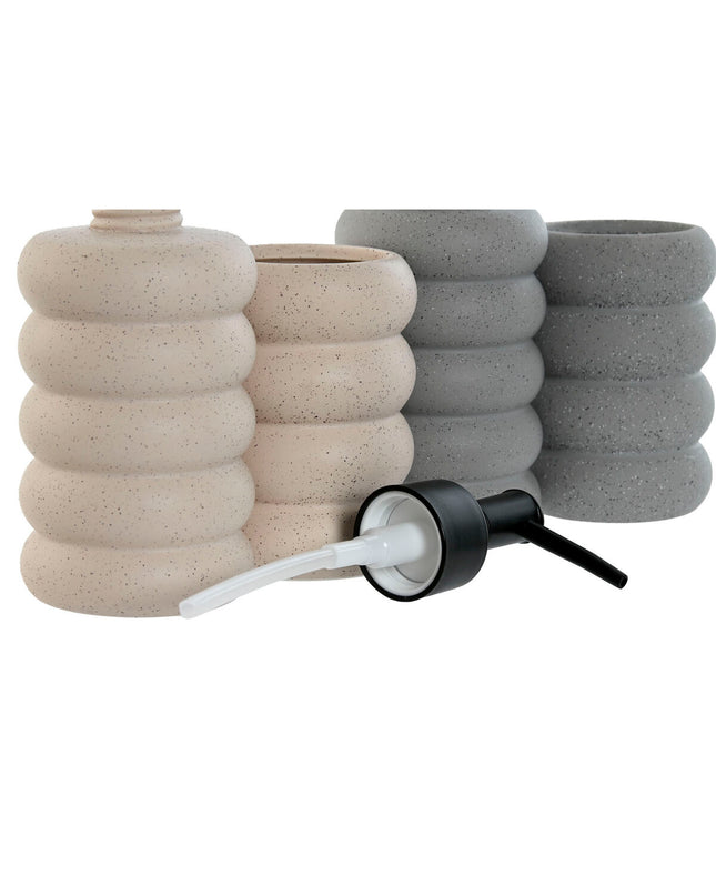 Home ESPRIT soap dispenser set in black, gray, and cream, made of ABS and dolomite, suitable for bathroom and kitchen use.