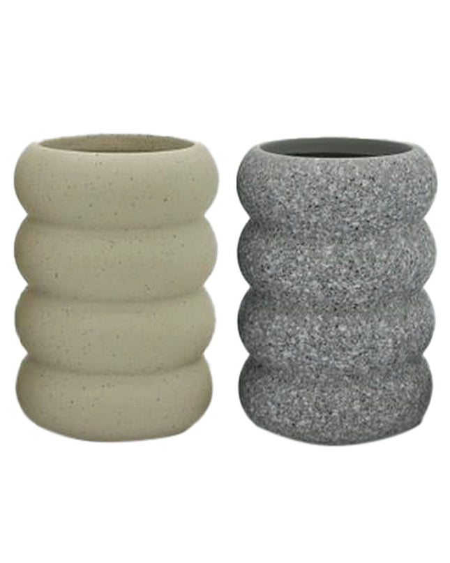 Home ESPRIT grey and cream toothbrush holder set with two durable Dolomite bathroom accessories, 7x7x10 cm.