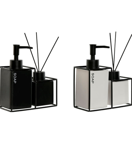 Home ESPRIT badset with white and black metal and dolomite, 14.5x8x17 cm, set of two for bathroom decor and storage.