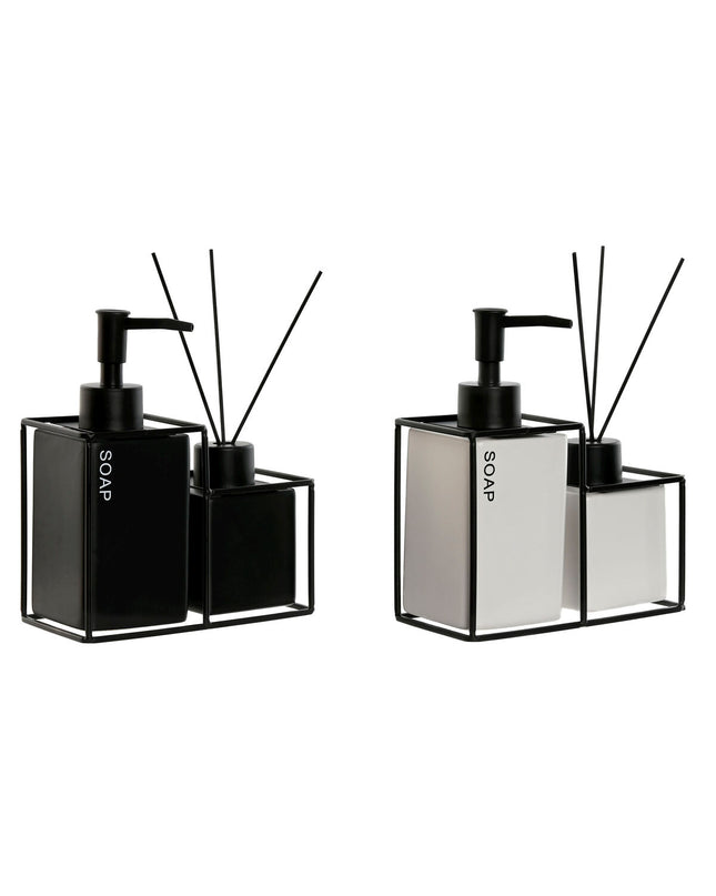 Home ESPRIT badset with white and black metal and dolomite, 14.5x8x17 cm, set of two for bathroom decor and storage.