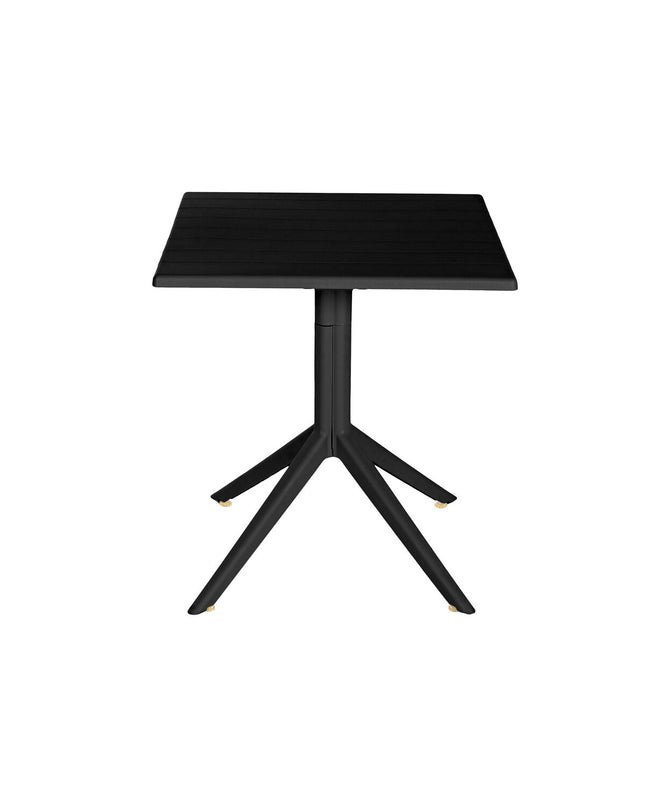 Home ESPRIT black metal and polypropylene dining table with 70x70x75 cm dimensions, shown in a modern kitchen setting.
