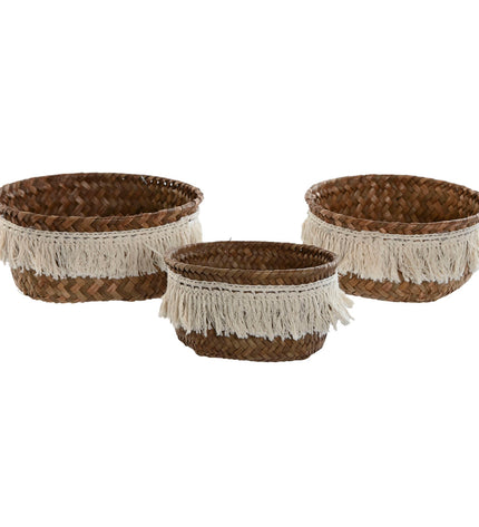Home ESPRIT natural fiber boho basket spelset for bathroom decor, 16x16x6 cm, with a worn, rustic design.