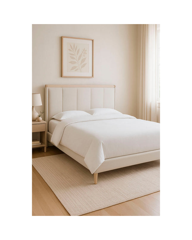 Home ESPRIT bed in lichtgrijs fabric, measuring 196x223x135 cm, with a modern design and sturdy frame.