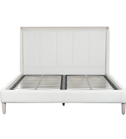 Home ESPRIT light gray bed with dimensions 196x223x135 cm, featuring a modern design, in a bedroom setting.