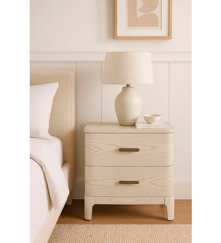 Light gray Home ESPRIT nightstand with drawer and shelf, measuring 53 x 42 x 56.2 cm, in a modern bedroom setting.