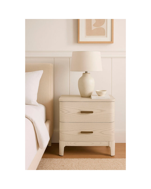 Light gray Home ESPRIT nightstand with drawer and shelf, measuring 53 x 42 x 56.2 cm, in a modern bedroom setting.