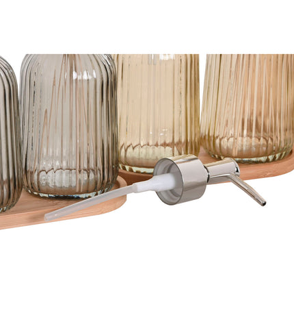 Home ESPRIT amber bamboo and crystal bathroom set with gray and orange accents, including three pieces for home and bath use.