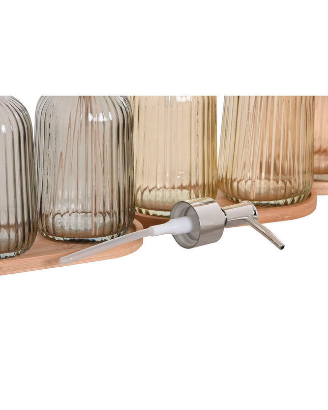 Home ESPRIT amber bamboo and crystal bathroom set with gray and orange accents, including three pieces for home and bath use.