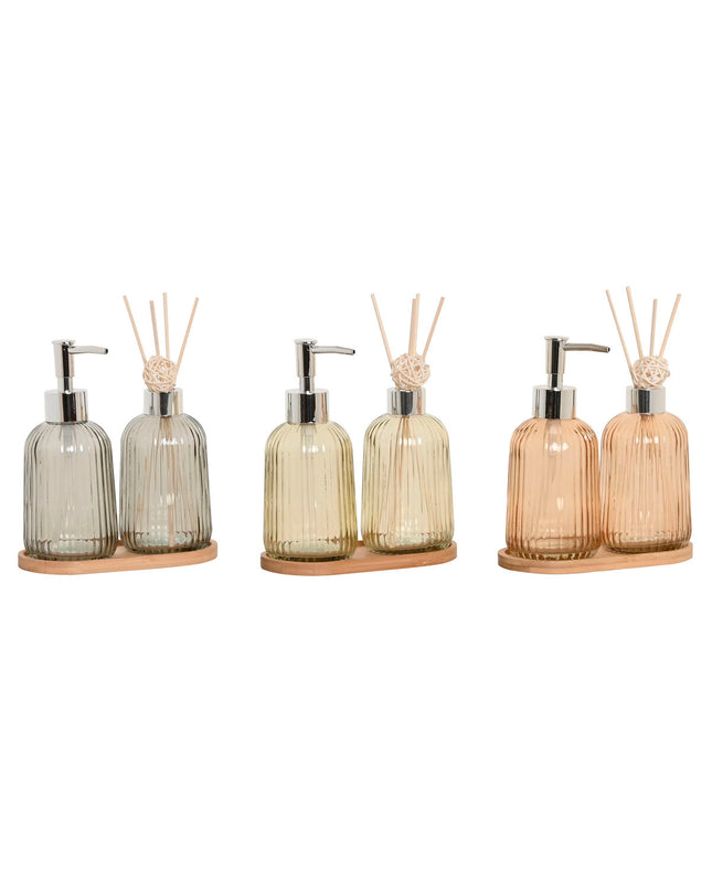Home ESPRIT amber bamboo and crystal 3-piece bathroom set in gray and orange, includes soap dispenser, toothbrush holder, and soap dish.