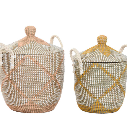 Home ESPRIT yellow coral sea grass basket set for home organization, includes two storage baskets in natural and vibrant yellow colors.