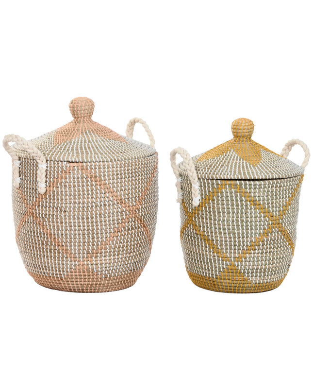 Home ESPRIT yellow coral sea grass basket set for home organization, includes two storage baskets in natural and vibrant yellow colors.