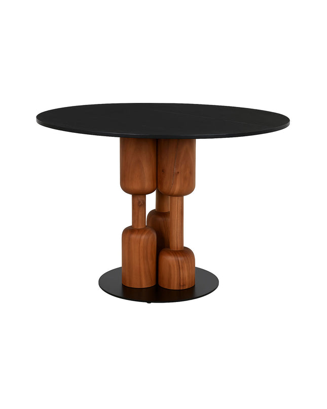 Home ESPRIT eettafel with black natural marble top and acacia wood legs, measuring 106x106x76 cm, in a modern dining room setting.