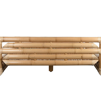 Home ESPRIT bed in a bedroom, showing a large wooden bed frame with a headboard, dimensions 202.5x220x74 cm.