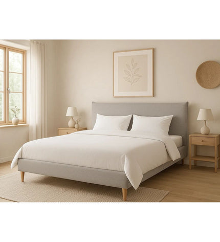 Home ESPRIT light gray bed frame measuring 177x219x108 cm, modern bedroom furniture with clean lines and a sturdy design.