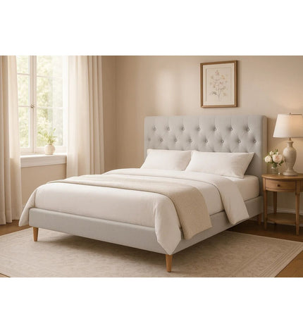 Home ESPRIT beige bed with dimensions 170x219x104 cm, featuring a modern design and soft fabric upholstery.