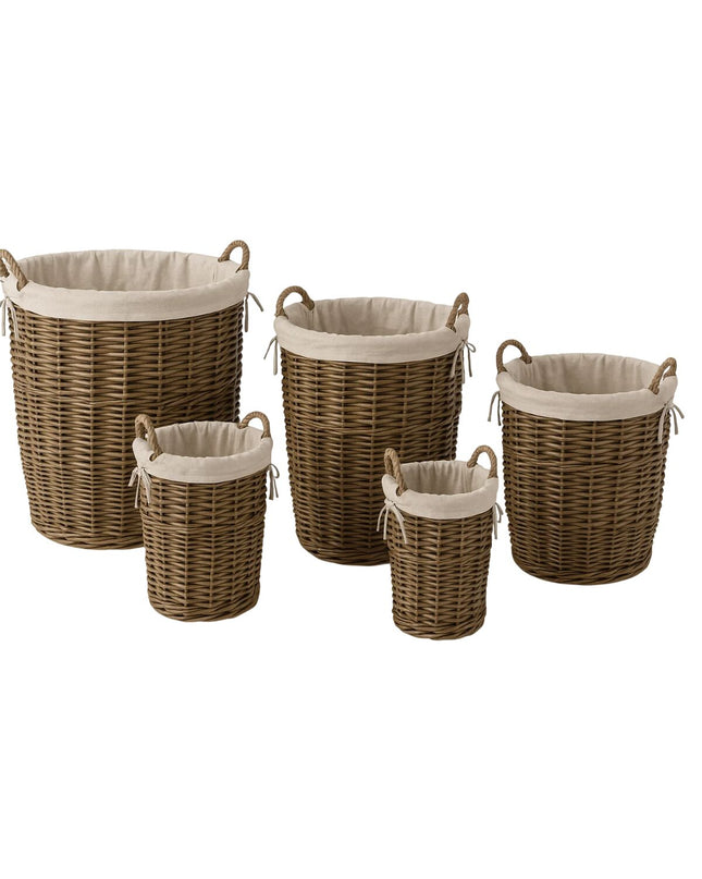 Home ESPRIT brown cotton woven basket set with five storage and organization containers, suitable for home and kitchen use.