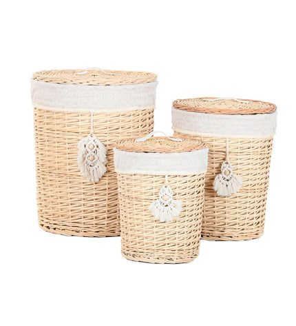 Home ESPRIT Boho wicker laundry basket with three compartments, natural woven design, 45x45x55 cm for home storage and organization.