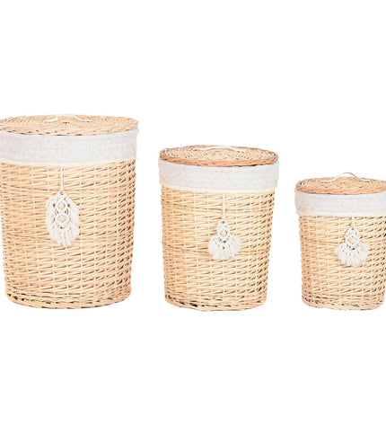 Home ESPRIT Boho wicker laundry basket with three compartments, natural design, measures 45x45x55 cm for home storage and organization.