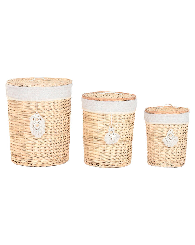 Home ESPRIT Boho wicker laundry basket with three compartments, natural design, measures 45x45x55 cm for home storage and organization.