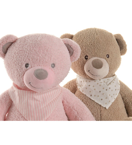 Two Home ESPRIT soft plush teddy bears in brown and pink polyester, suitable for children, lying together on a plain background.