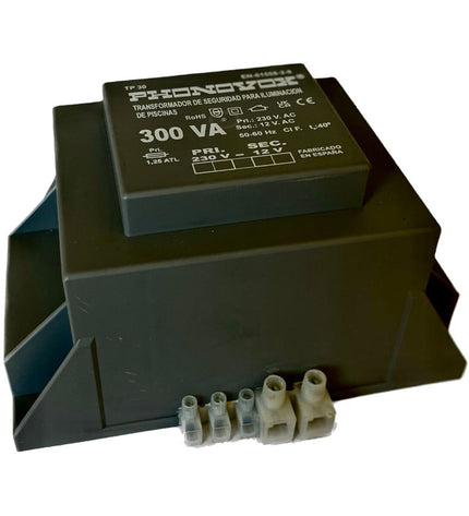 PHONOVOX safety transformer for swimming pool lighting, 300 VA, 12V output, compact size, suitable for gardens and jacuzzis.