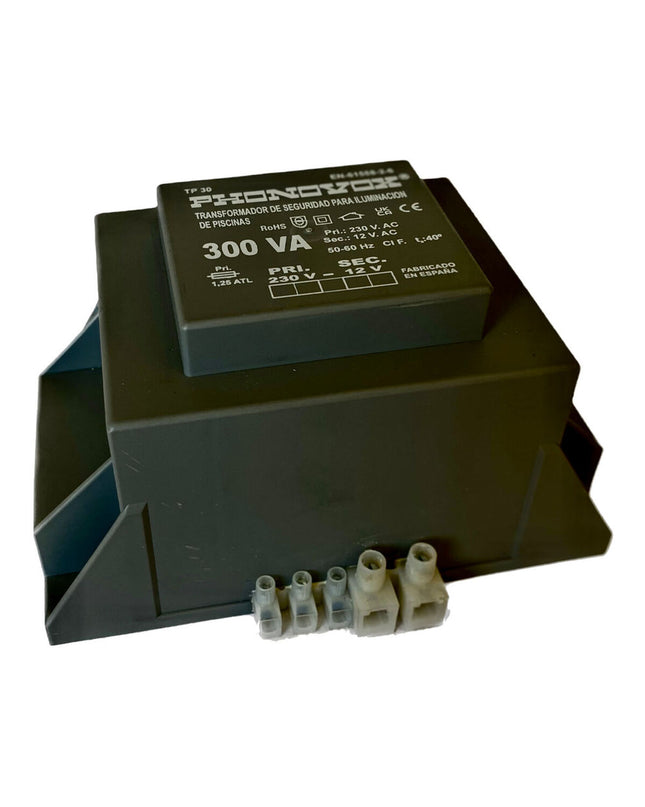 PHONOVOX safety transformer for swimming pool lighting, 300 VA, 12V output, compact size, suitable for gardens and jacuzzis.